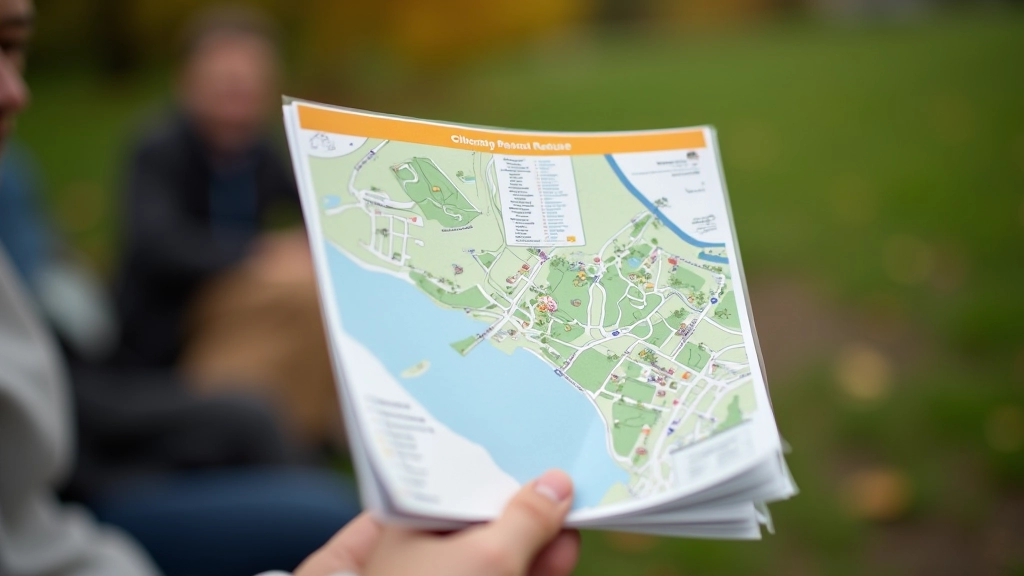 Ligipääsetavate parkide kaart ja teabeleht, kus on näidatud trepid, kaldteede asukohad ja liikumisteed
